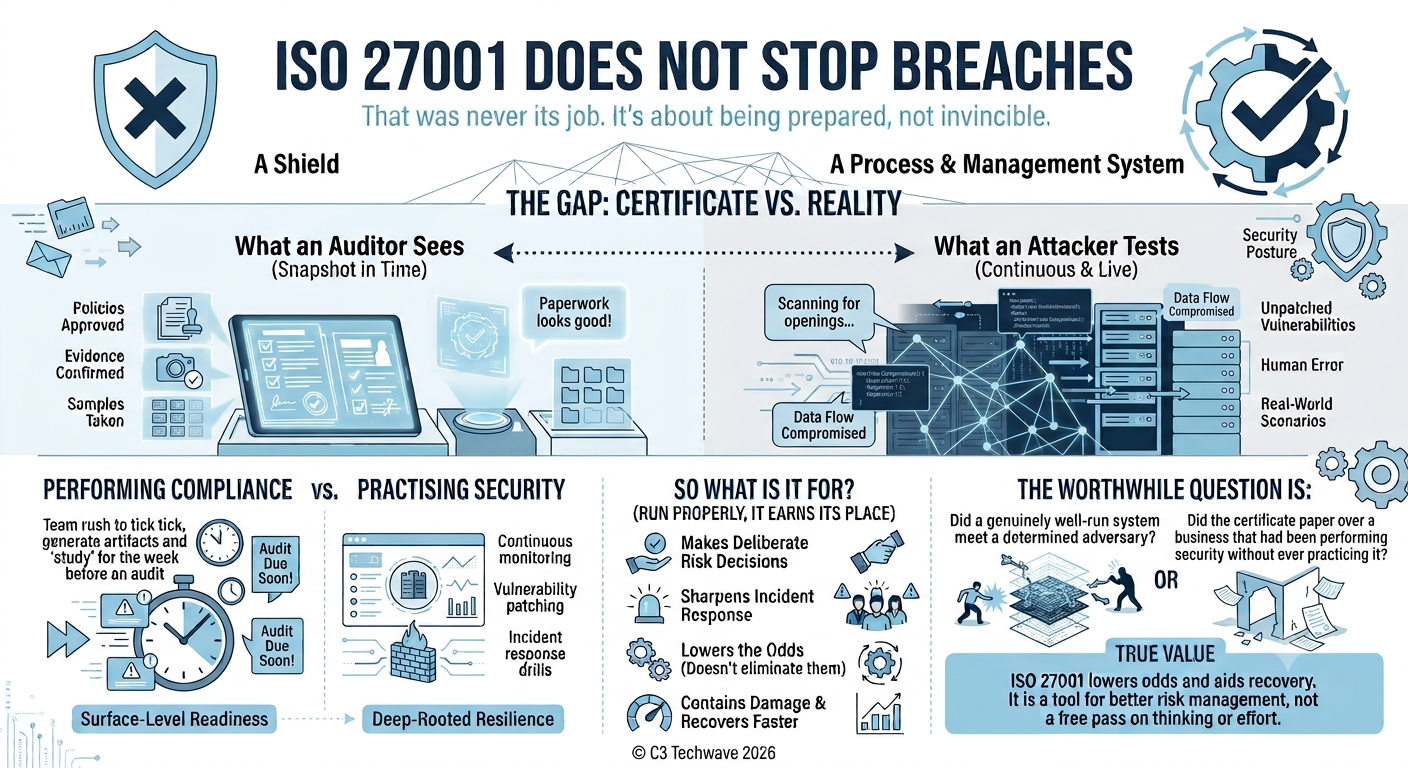 ISO 27001 does not stop breaches. That was never its job.